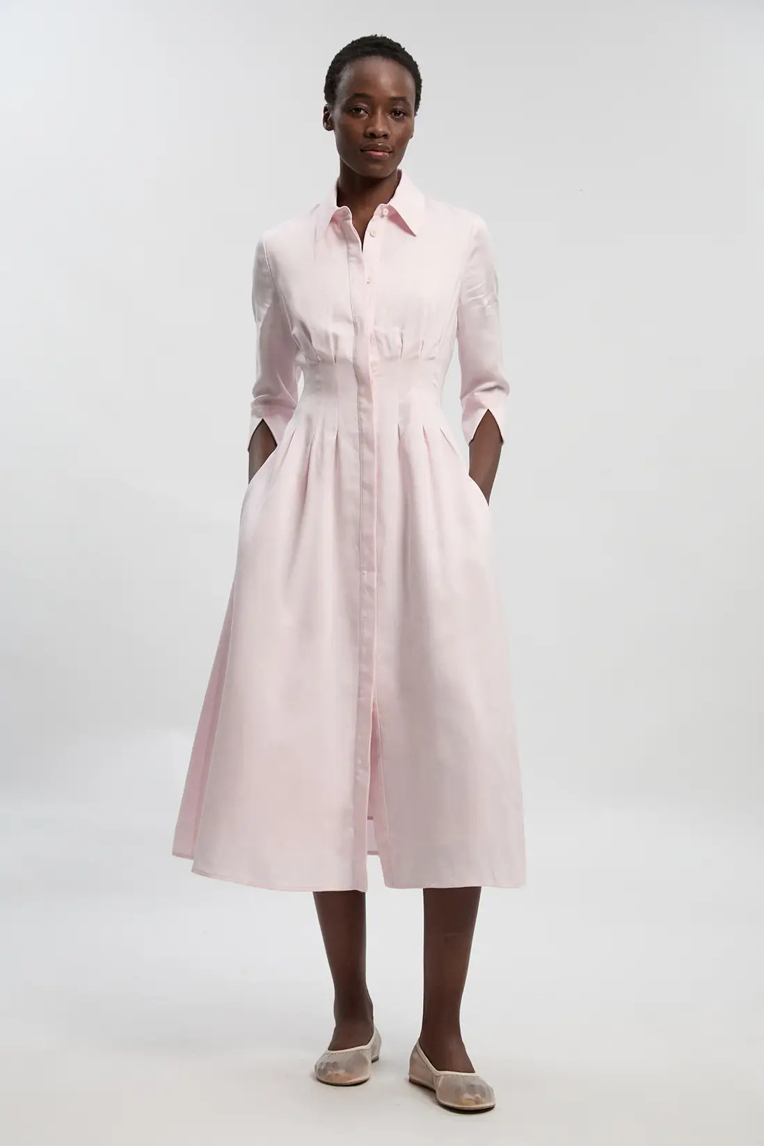 Blush Tailored Linen Darted Waist Midi Dress | Karen Millen | Karen Millen UK