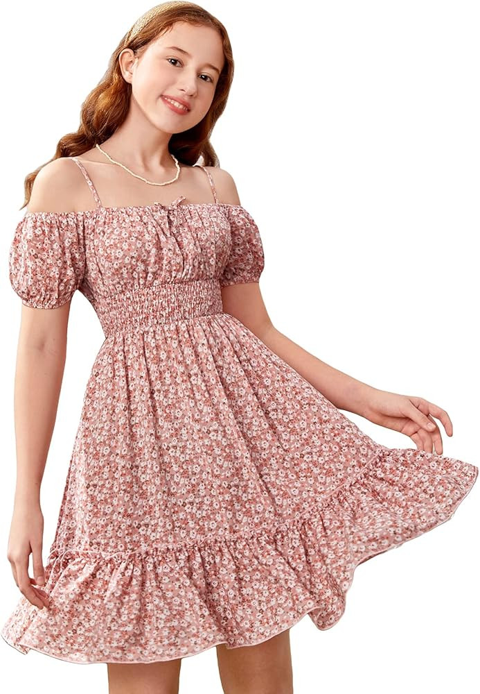 Floerns Girls Summer Boho Floral Dress Puff Short Sleeve Cold Shoulder Ruffle Hem A Line Dress | Amazon (US)