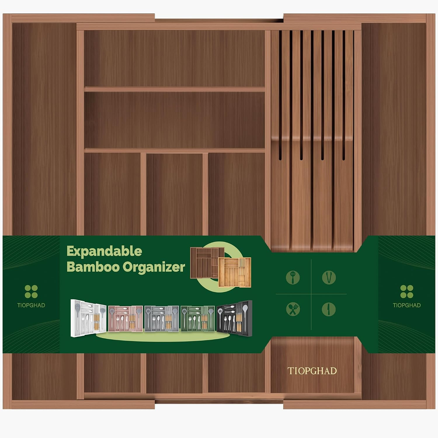 Expandable Bamboo Silverware Organizer with Knife Block, Brown | Amazon (US)