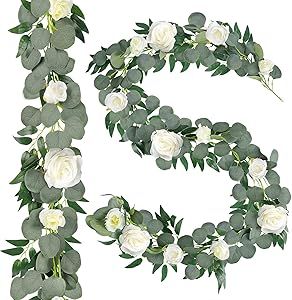 Ageomet 2 Pack 13FT Garlands for Decor with Flowers, Eucalyptus Garland with Artificial Silk Rose... | Amazon (US)