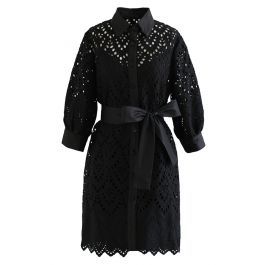 Diamond Eyelet Crochet Button Down Dress in Black | Chicwish