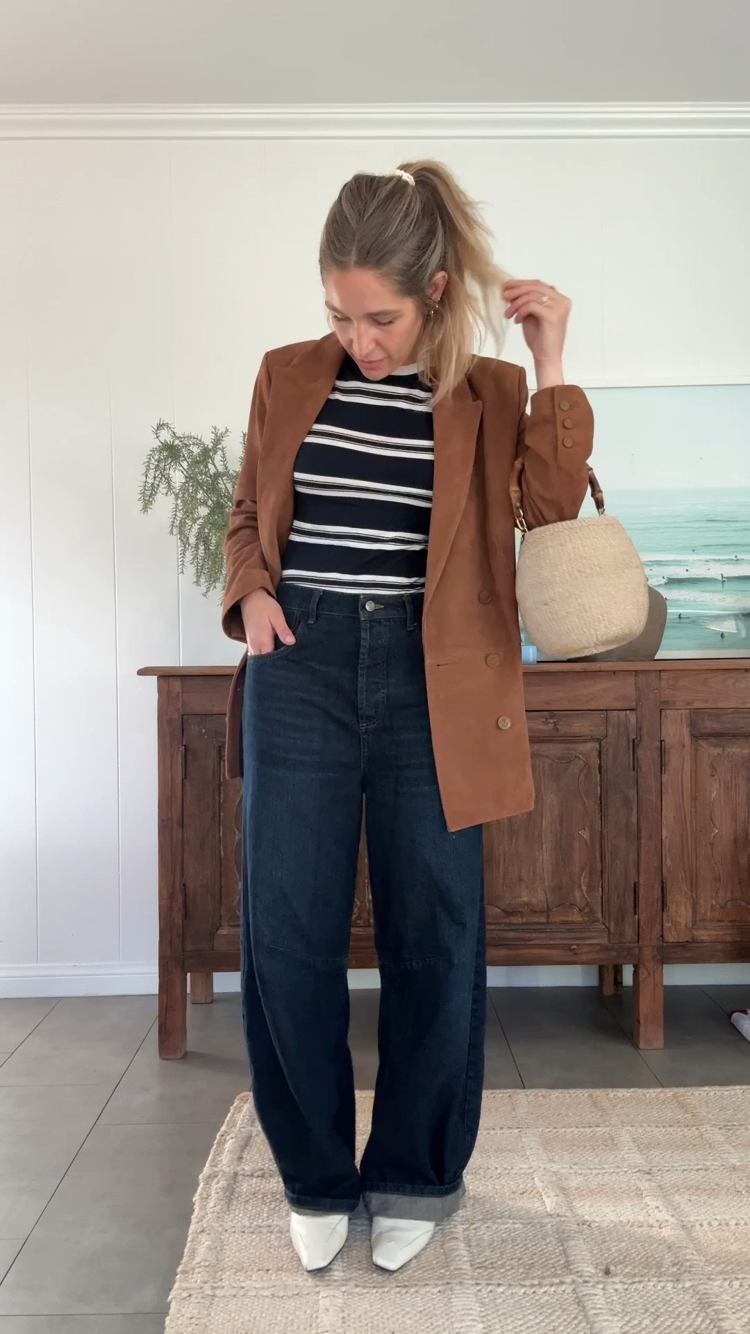 Stripe baby tee with dark was barrel legs and styled with a suede blazer and basket bag! Boots are my favorite Amazon to date! 

#LTKShoeCrush #LTKWorkwear #LTKStyleTip