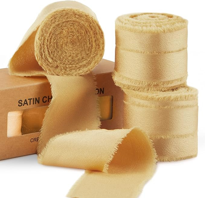 Gold Ribbon for Gift Wrapping, Silk Satin Chiffon Frayed Fabric Ribbons for Crafts Flower Bouquet... | Amazon (US)