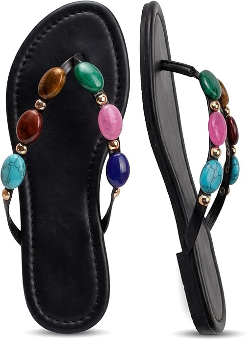 Oakmoo Women Jewelled Thong Strap Open Round Toe Flip Flops Comfy Slip on Flats Sandals Casual Su... | Amazon (US)