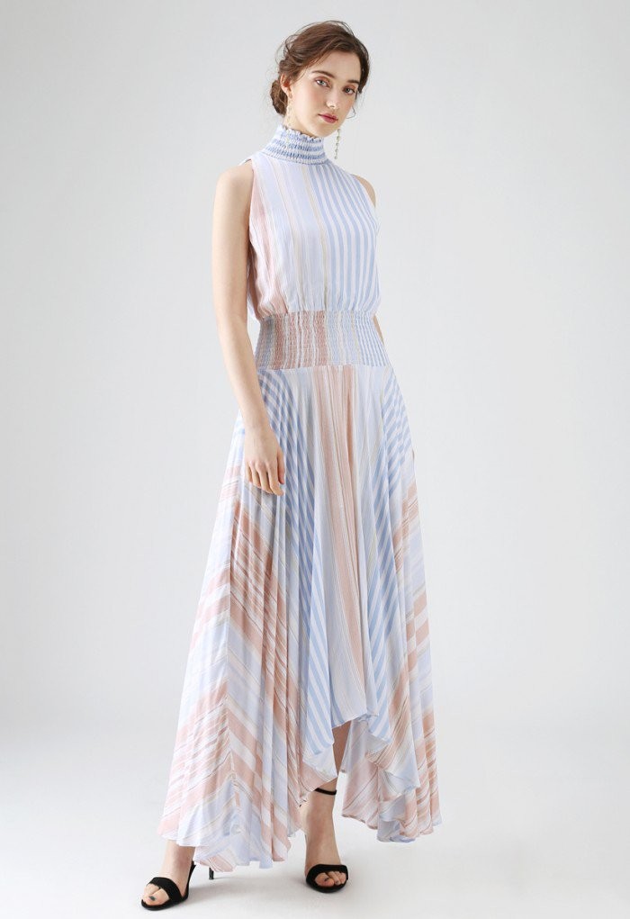 Hit Of Summer Asymmetric Maxi Dress in Blue Stripe | Chicwish