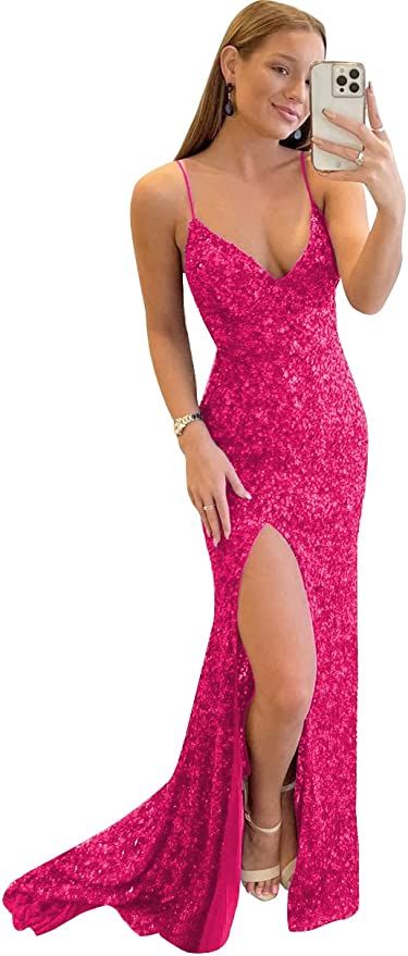 Spaghetti Straps Sequin Prom Dresses V Neck Mermaid Evening Gown with Slit Sparkly Party Dress | Amazon (US)