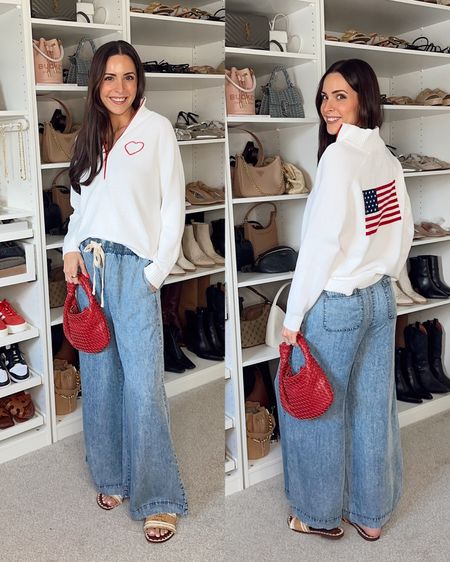 Patriotic / Americana outfit to wear this summer season! 🇺🇸💙❤️🎆  code TAY15 will work for 15% off through Friday 5/10!! 

White quarter zip flag sweater: true to size, sized up to a M for a roomier fit 
Chambray pants: tts, sized up to a M for pregnancy 
Raffia slide sandals: tts 


Mini woven bag / red mini handbag  / USA sweater 

#LTKParties #LTKSeasonal #LTKSaleAlert