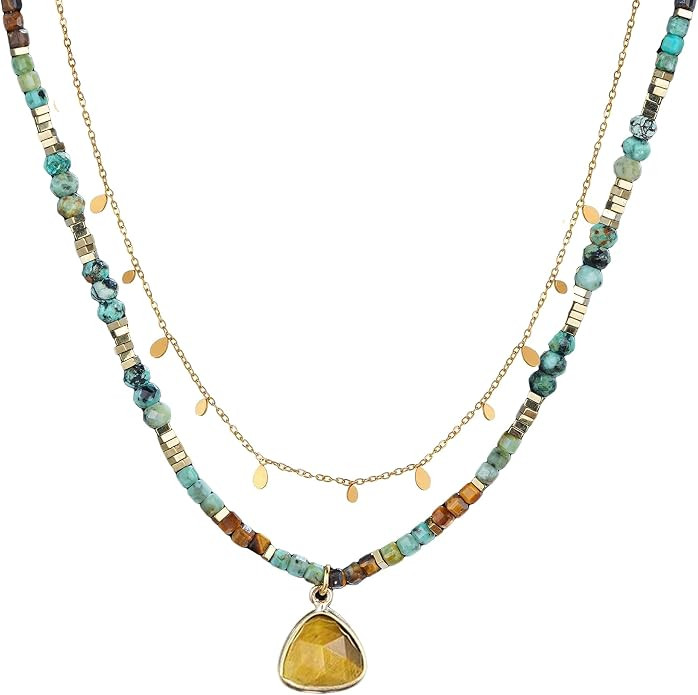 Boho Handmade Natural Jasper Stone Beaded Crystal Mixed Strand Short Necklace for Women | Amazon (US)