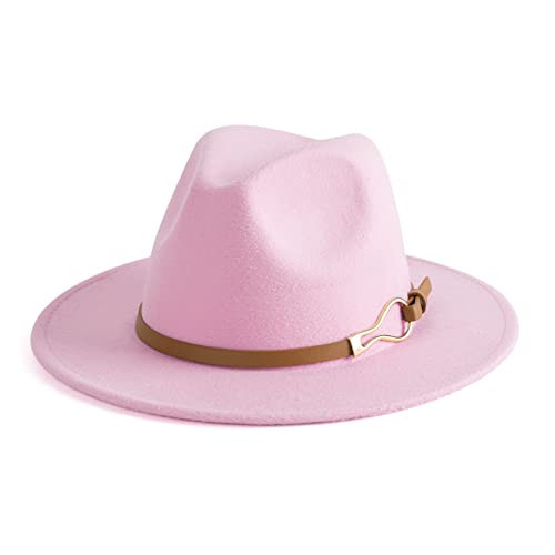 EOGIMI Fashion Women Wide Brim Fedora Floppy Panama Hat with Belt Buckle Pink | Amazon (US)