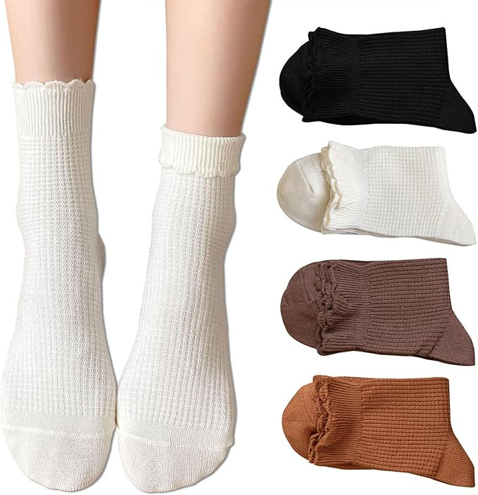 zrylibya Women Cute Ruffle Frilly Turn Cuff Ankle Socks Scalloped Pointelle Solid Casual Crew Soc... | Amazon (US)