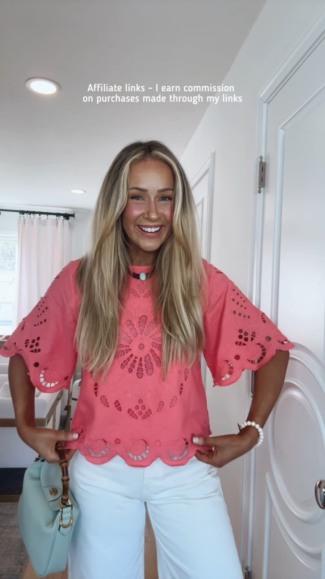 Affiliate links - I earn commission on purchases made through my links | spring outfit 2026
Pink top
Zara white jeans wide leg 
Cute top and jeans outfit 