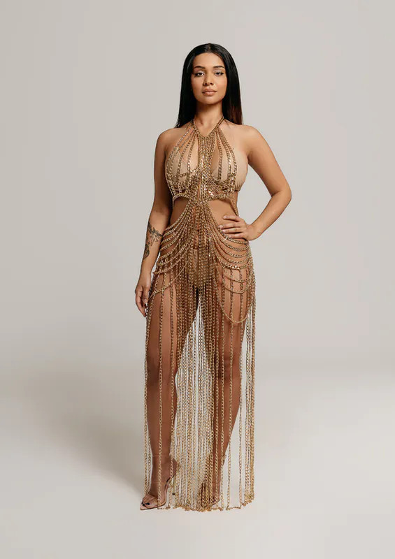 Vanity Couture Cleopatra Luxury Gold Chain Cover Up Dress - Gold | Verishop