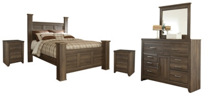 Juararo Queen Poster Bed with Mirrored Dresser and 2 Nightstands | Ashley