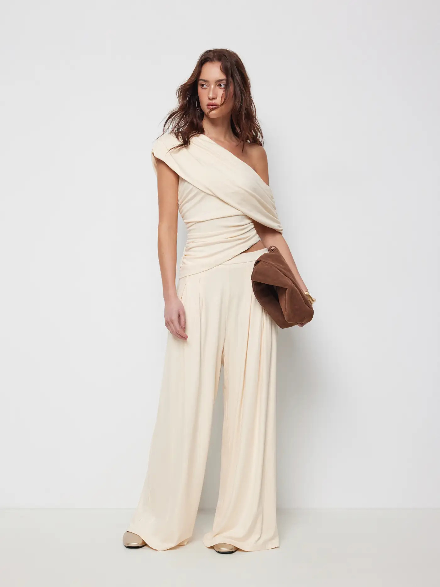Chiffon Mid Rise Bandeau Asymmetrical Lace Up Wide Leg Jumpsuit With Scarf $62.90Flash Shipping | Cider