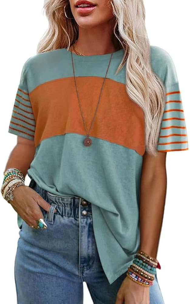 SHEWIN Womens Casual Short Sleeve Shirts Loose Crewneck Color Block Tshirts Tops | Amazon (US)