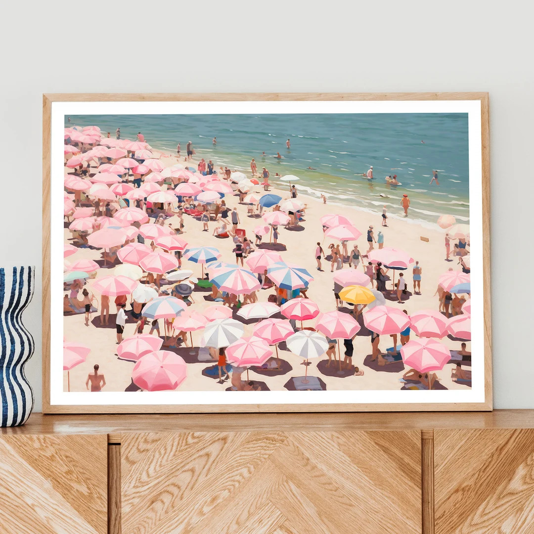 Vintage Beach Poster Print, Abstract Coastal Art, Girly Apartment Decor, Pink Wall Art, Beach Wal... | Etsy (US)