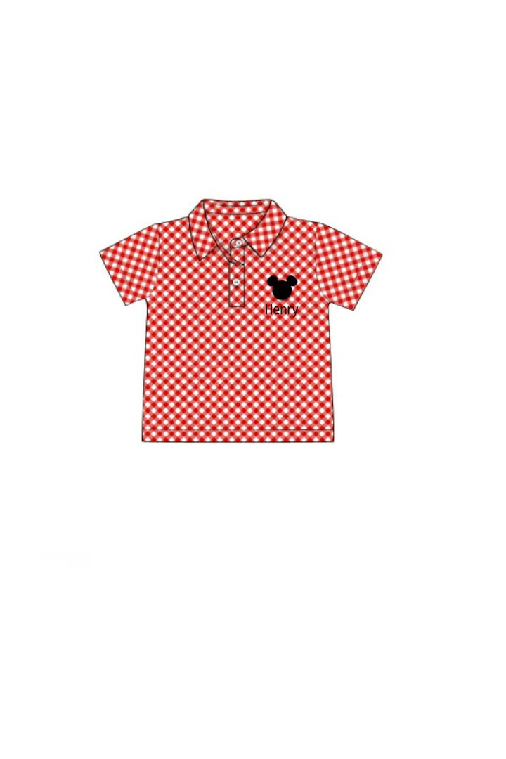 Pre-Order Embroidered Mouse Red Gingham Polo Shirt | The Smocked Flamingo