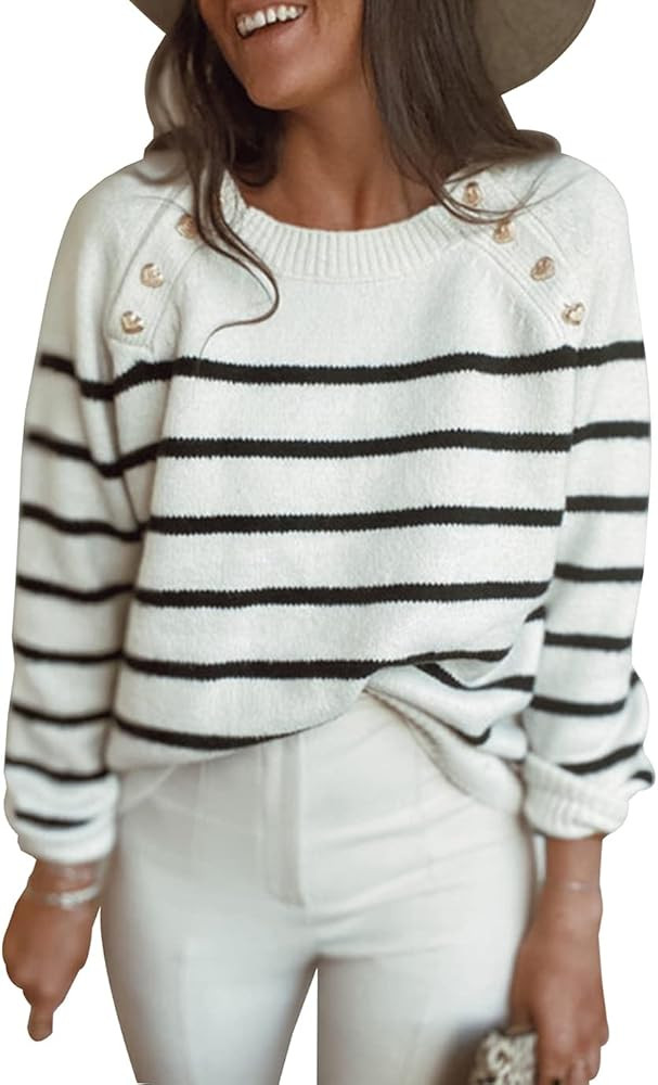 Amkoyam Women's Striped Sweaters 2023 Long Sleeves Knitted Casual Pullovers Loose Shirt Tops with... | Amazon (US)