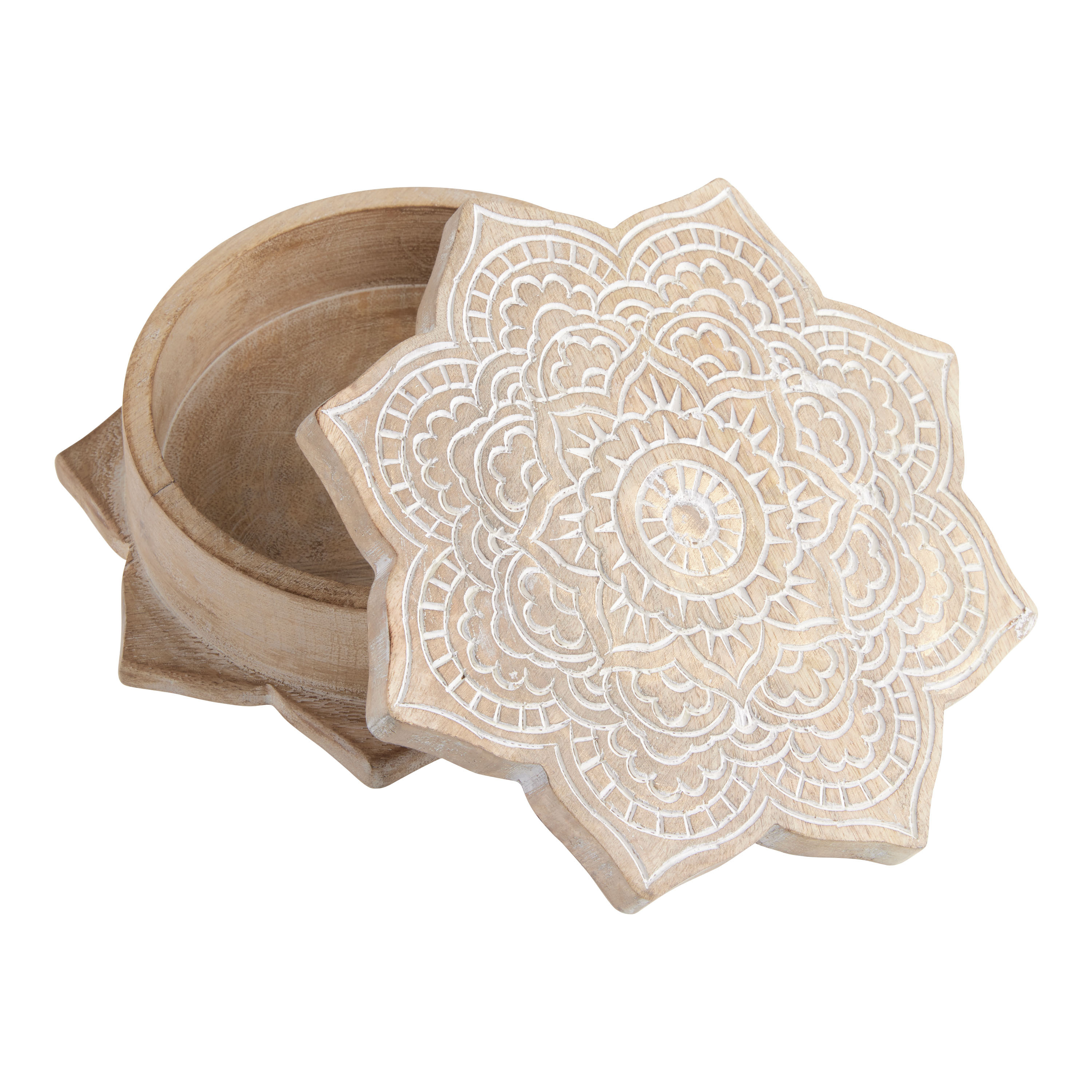 Whitewash Carved Wood Floral Mandala Box | World Market