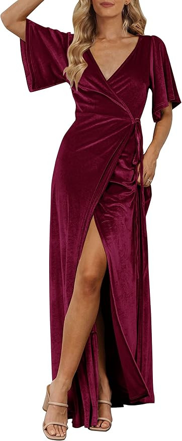 MEROKEETY Women's V Neck Wrap Velvet Maxi Wedding Guest Dress Bell Sleeve Split Bridesmaid Cockta... | Amazon (US)