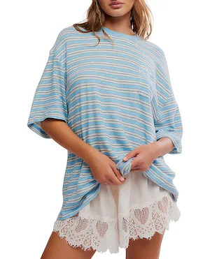 Free People All Love Stripe Print Front Pocket Scoop Neck Short Sleeve Tee - L | Dillard's