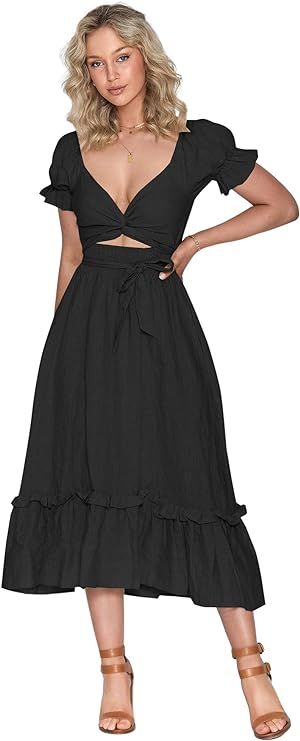 ZAFUL 2023 Boho Maxi Dress for Women A Line Tie Waist Summer Dress Deep V Neck Smocked Wrap Dress | Amazon (US)