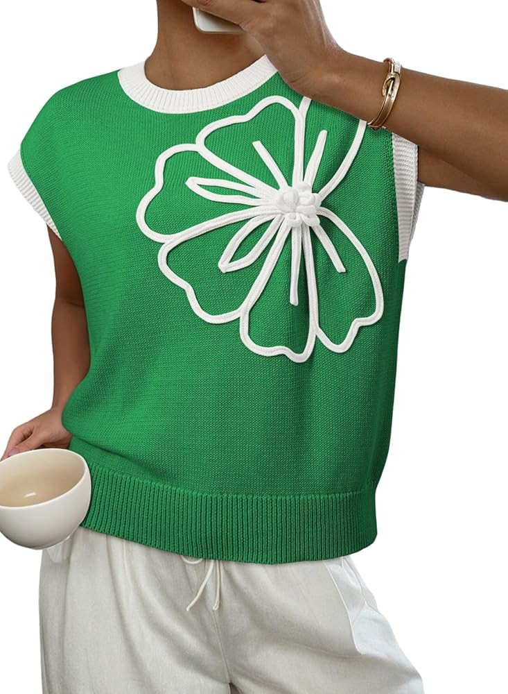 Dokotoo Women's Floral Sweater Crew Neck 2026 Short Sleeve Loose Fit Knit Pullover Tops | Amazon (US)