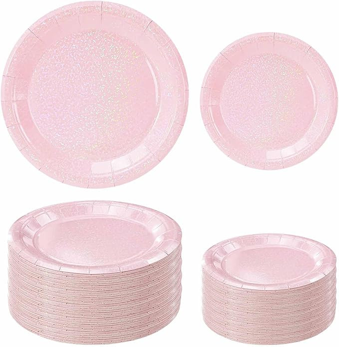 50 Pcs Iridescent Light Pink Paper Plates 25 × 7'' and 25 × 9'' Disposable Pink Shiny Holograph... | Amazon (US)