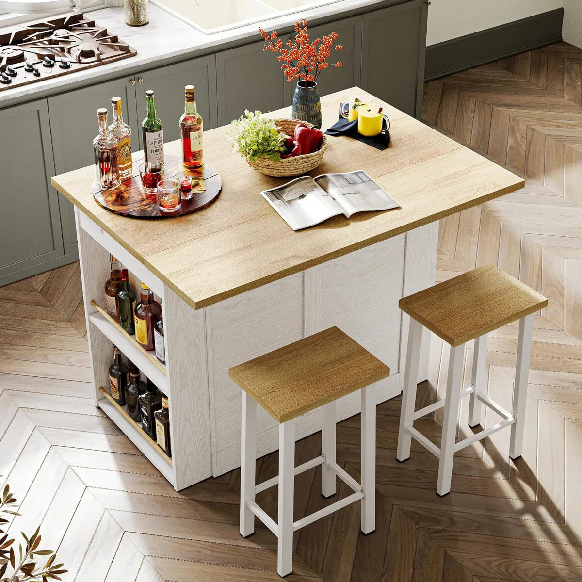 3 Pieces Kitchen Island Set with Storage Cabinet, Drawers, and 2 Stools | Wayfair North America