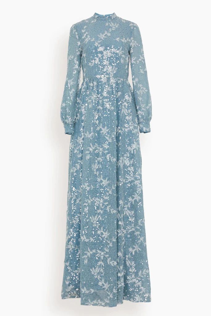 Kara Long Sleeve Gown in Blue/Silver | Hampden Clothing