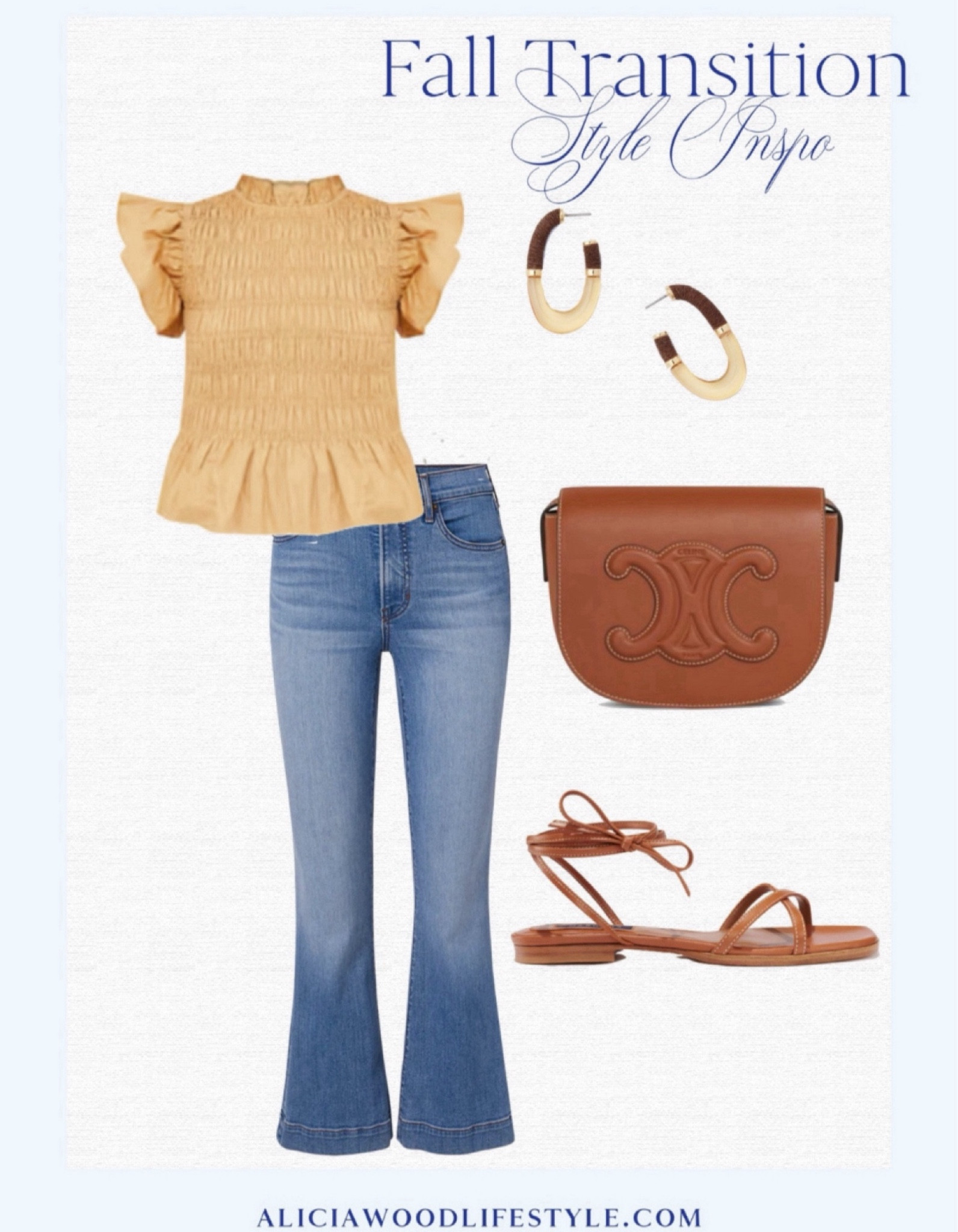 Smocked top with flutter sleeves 
Kick flare Carson Jean 
Wrap sandals 
Celine crossbody bag 
Horn hoop earrings 
Fall transition style 

#LTKStyleTip #LTKOver40 #LTKSeasonal