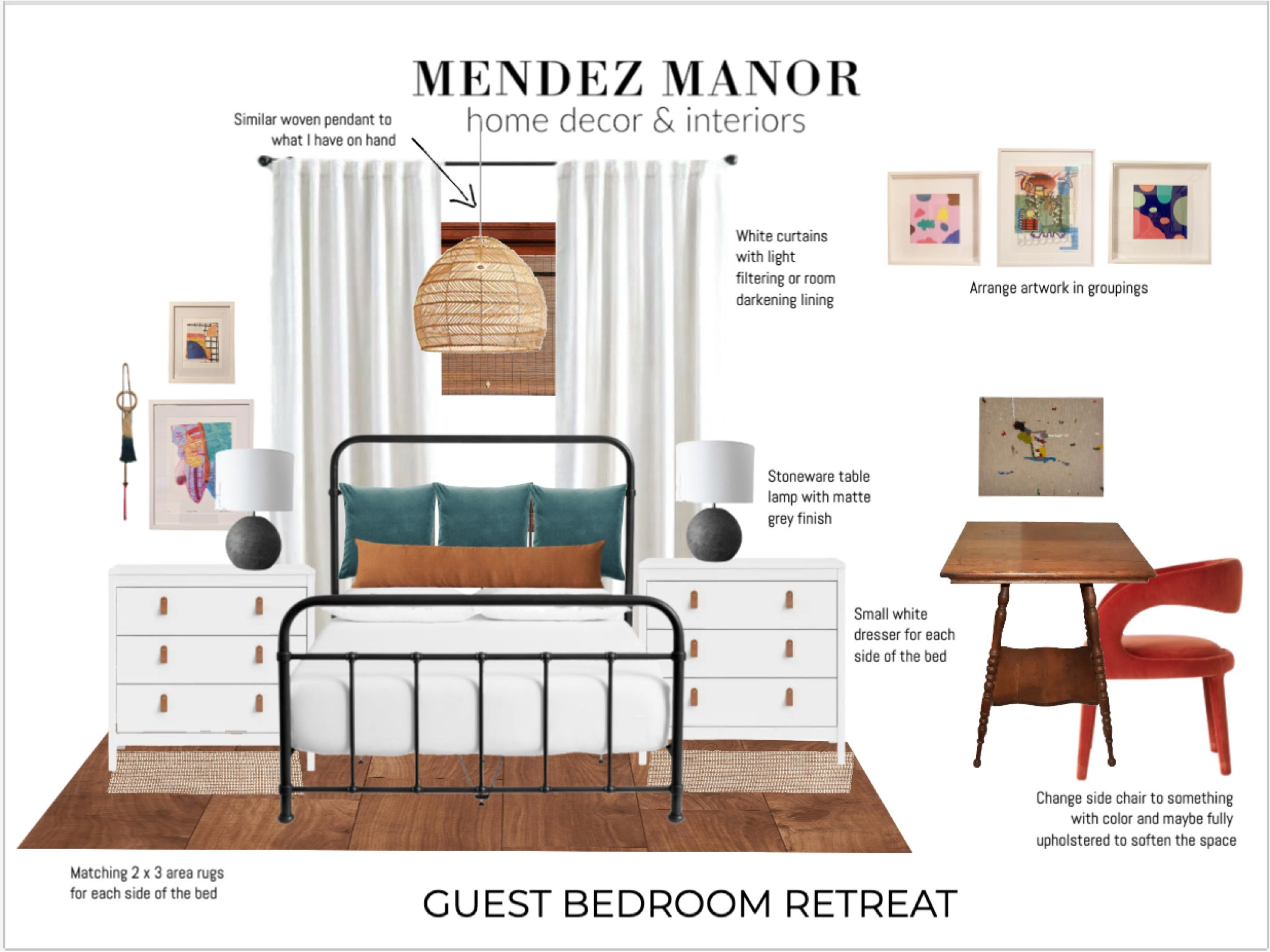 We are working our client’s existing artwork and antique spool leg table in this bright guest bedroom retreat. 

#ltkhome #guestbedroom #potterybarn #bedroomdecor 
