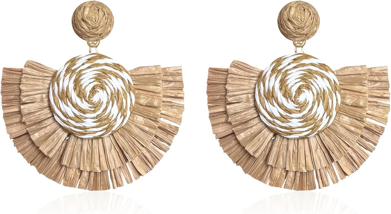Statement Raffia Tassel Earrings Boho Summer Beach Earrings Lightweight Straw Wicker Dangle Drop ... | Amazon (US)