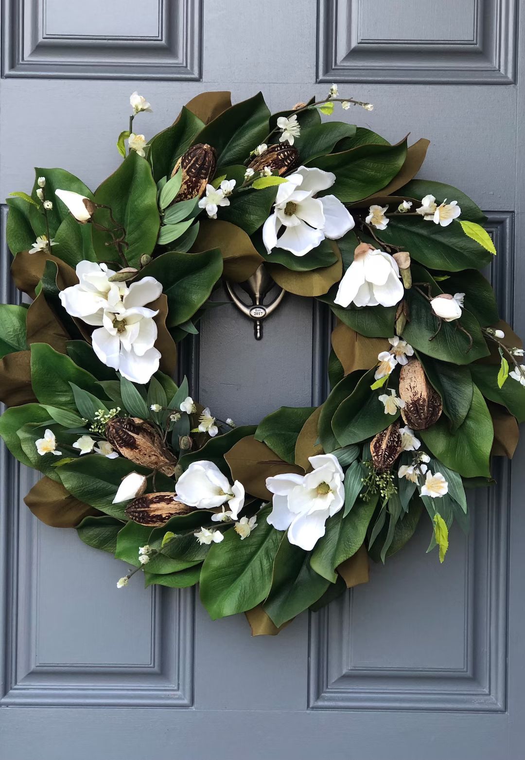Magnolia Wreath for Front Door With Realistic White Magnolia Blooms Nestled in Green Magnolia Lea... | Etsy (US)
