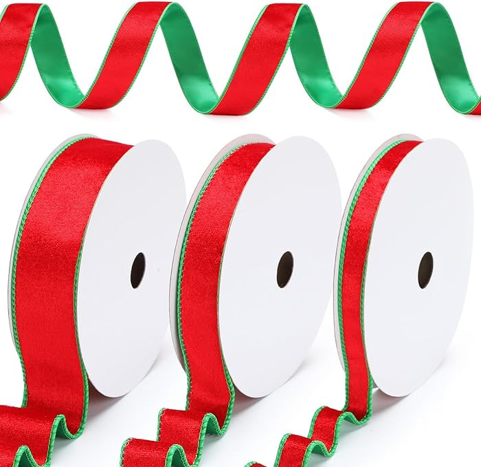Yunlly 3 Rolls Christmas Velvet Wired Ribbon 0.6, 1, 1.5 Inch Double Sided Velvet Christmas Wired... | Amazon (US)
