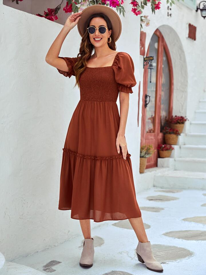 SHEIN VCAY 1pc Square Neck Puff Sleeve Ruffle Hem Dress | SHEIN