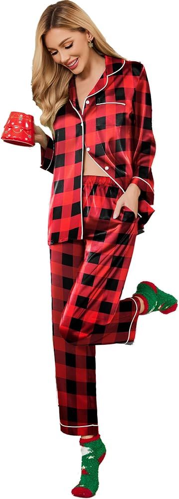 Ekouaer Silk Pajamas Women's Long Sleeve Sleepwear Satin Soft Button Down Loungewear Pjs Set S-XXL | Amazon (US)