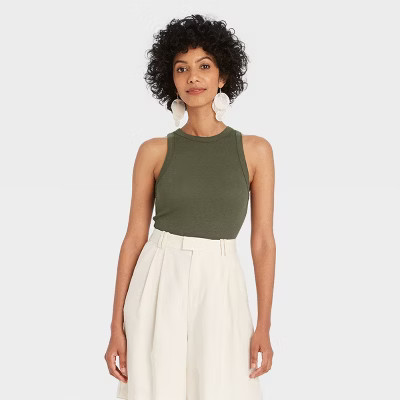 Women's Slim Fit Ribbed Tank Top - A New Day™ Olive L: Cotton Modal Blend, Crew Neck, Sleeveless | Target