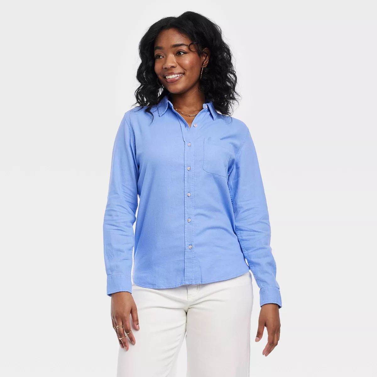 Women's Linen Long Sleeve Collared Button-Down Shirt - Universal Thread™ Blue XXL | Target