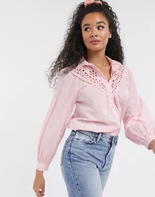 New Look cutwork lace detail blouse in light pink | ASOS (Global)