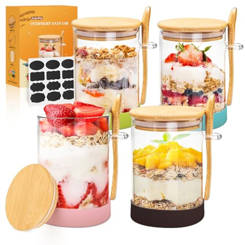 JinhzWin 4 Packs Overnight Oats Containers with Lids, 17 Oz Oats Overnight Glass Jar with Bamboo Spoon, Large Capacity Jars with 4 Colors Silicone Mats for Cereal Fruit Vegetable Yogurt Milk Salad | Amazon (US)