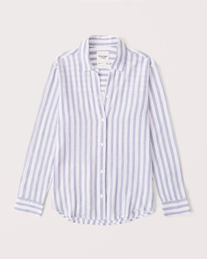 Linen-Blend Boyfriend Button-Up Shirt | Abercrombie & Fitch (US)