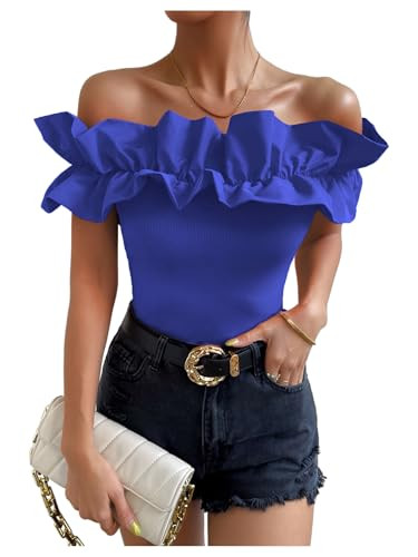 OYOANGLE Women's Ruffle Trim Off Shoulder Short Sleeve Blouse Party Tops Shirt | Amazon (US)