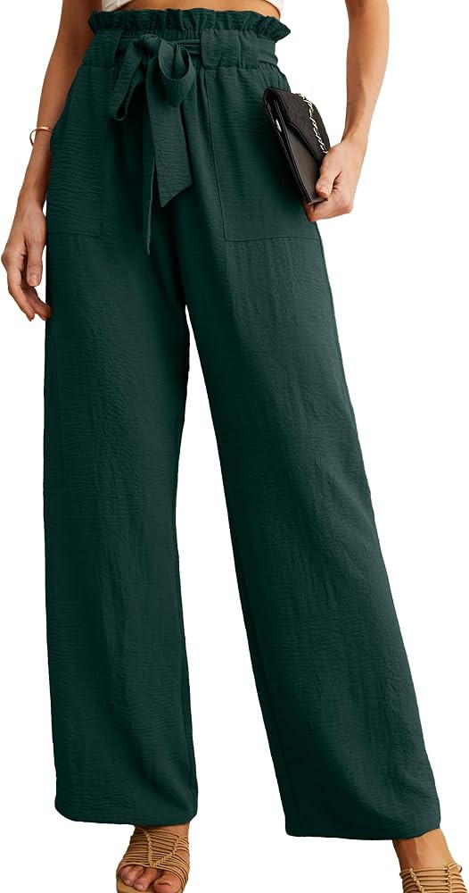 IWOLLENCE Women High Waist Palazzo Pants, Adjustable Knot Ankle Wide Leg Trousers Pockets Beach V... | Amazon (US)