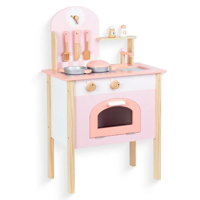 WoodenEdu Wooden Play Kitchen Set for Kids Toddlers, Wooden Pretend Play Pink Kitchen with Cookin... | Walmart (US)