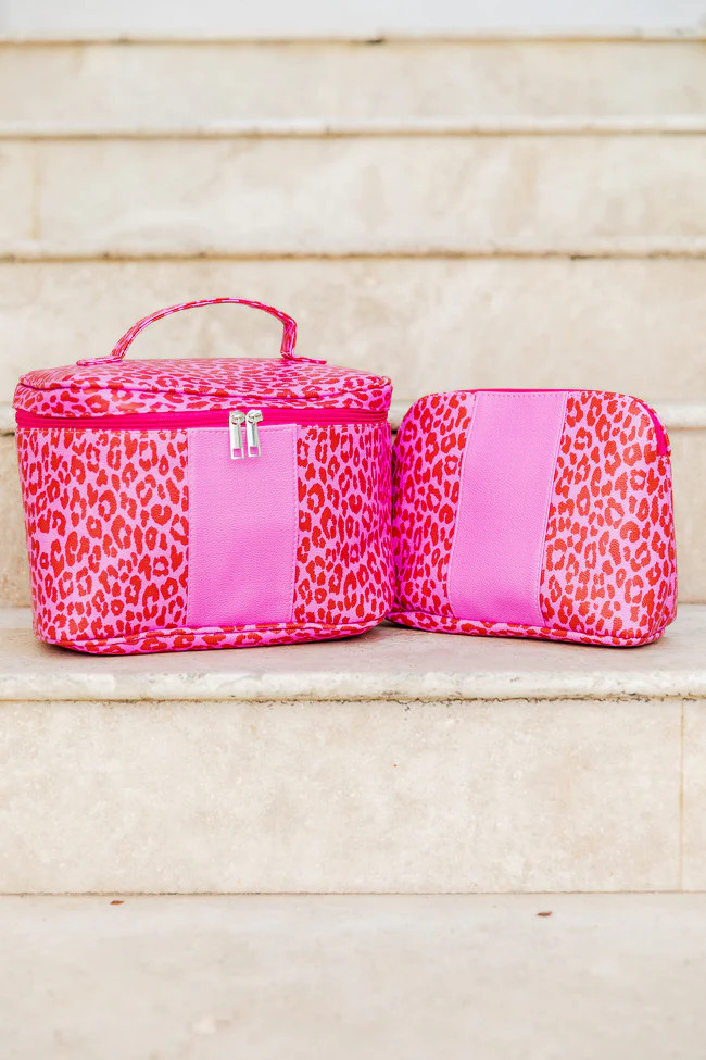 Rare Love Red And Pink Leopard Print Makeup Bag Set | Pink Lily