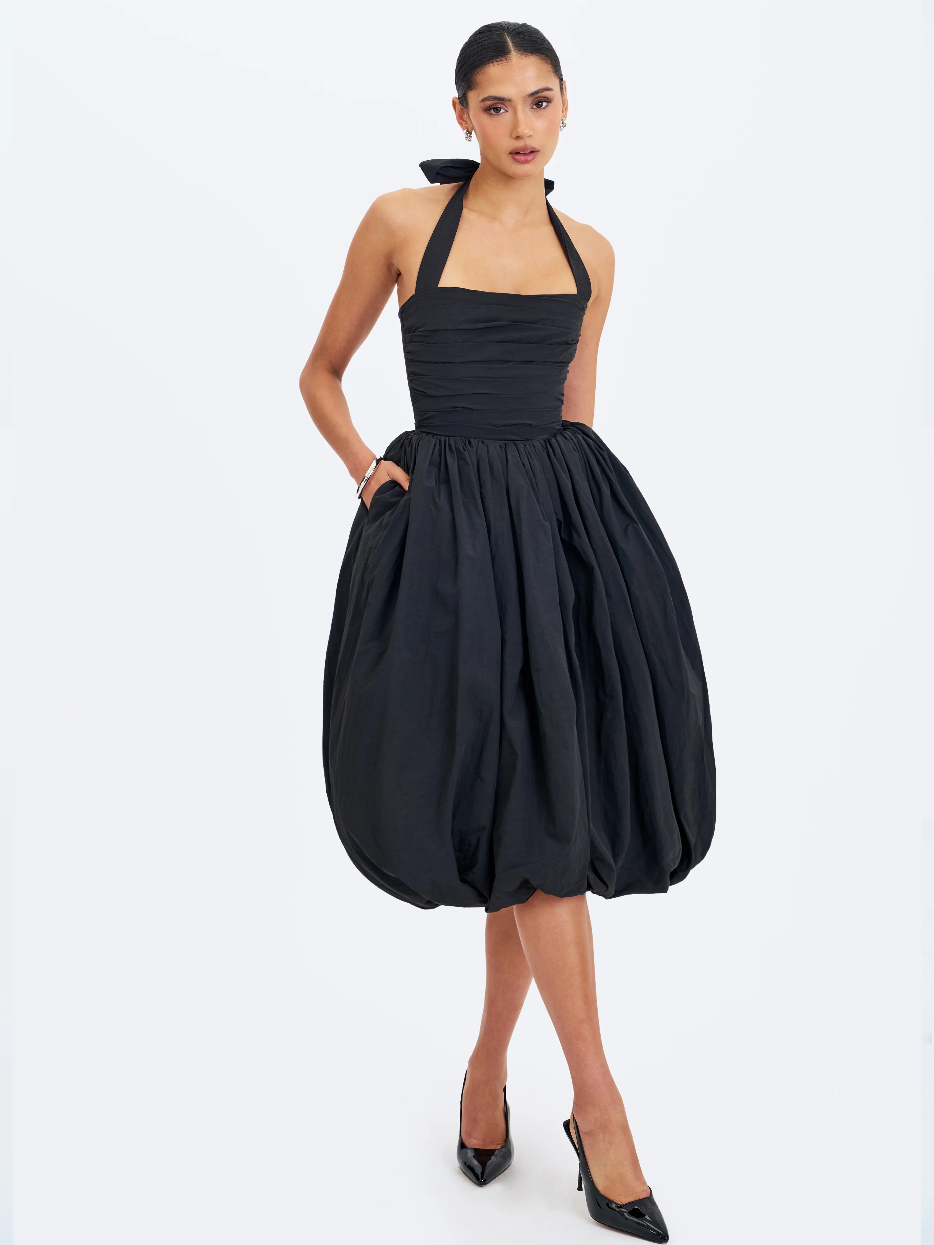 Miss Circle Veradis Black Taffeta Halter Bubble-Hem Midi Dress - L / 8-10 | Shop.app