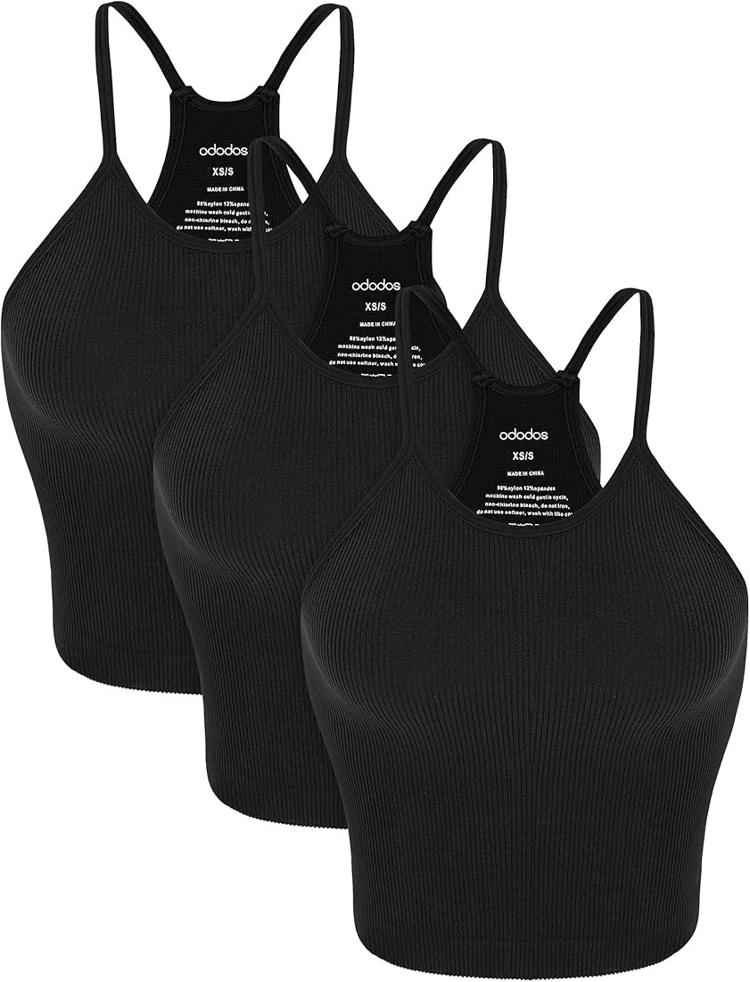 ODODOS Women's Crop 3-Pack Washed Seamless Rib-Knit Camisole Crop Tank Tops | Amazon (US)