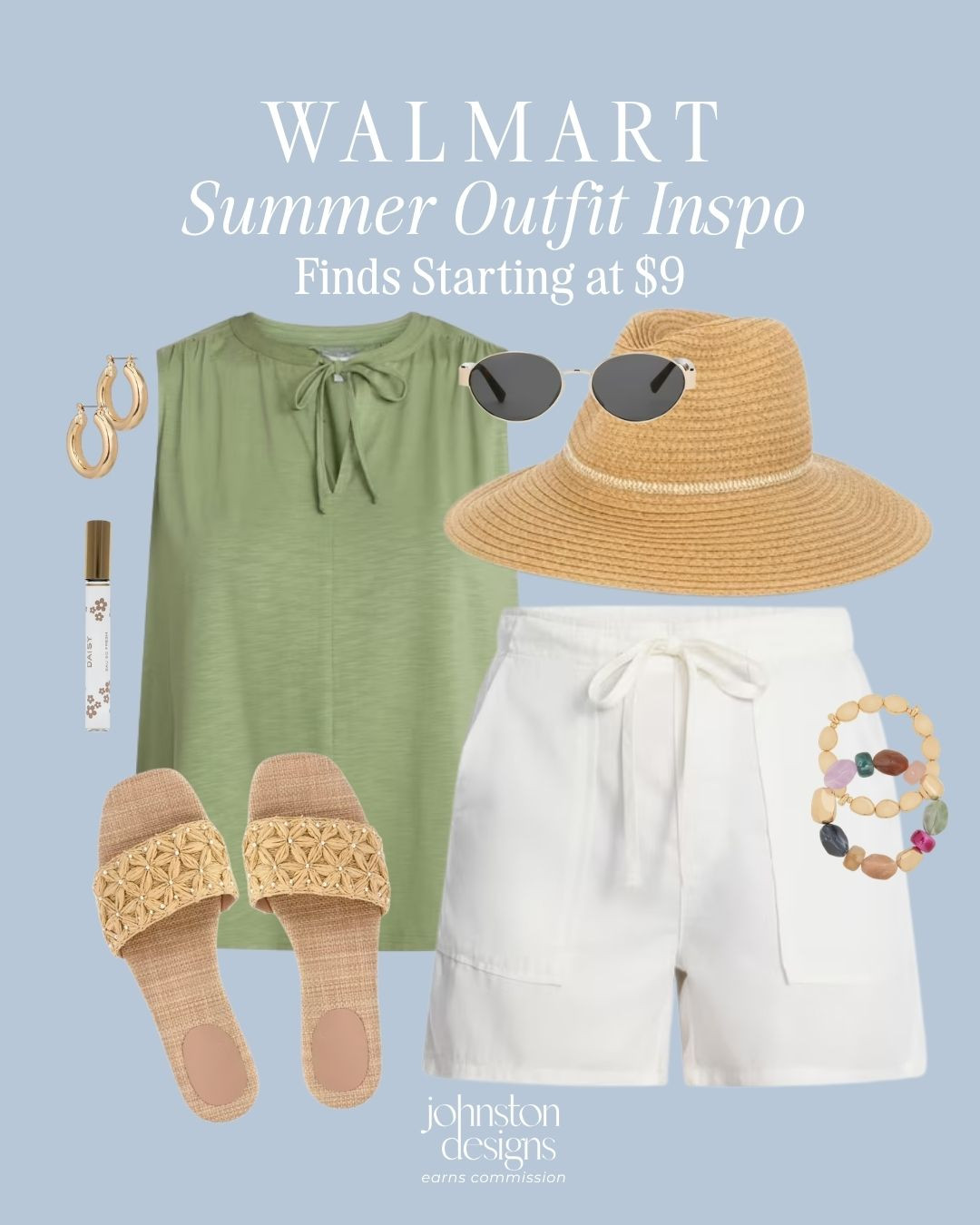 Walmart summer outfit inspo 🤍 Finds starting at $9 with lightweight shorts, a breezy green top, straw hat, raffia slides and sunny day accessories.

walmart style, walmart outfit, walmart finds, summer outfit inspo, sage green top, white shorts, raffia sandals, straw hat, summer accessories, casual outfit, vacation outfit, warm weather style, affordable fashion, weekend outfit, summer wardrobe 

 #LTKootd #LTKSeasonal
