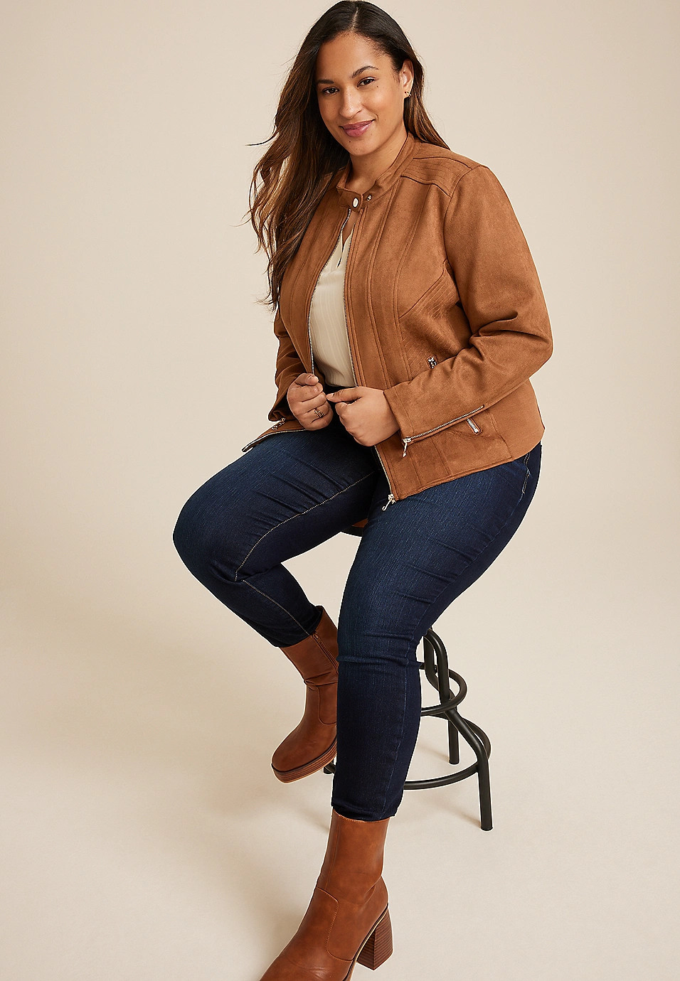 Plus Size Brown Faux Suede Biker Jacket | Maurices